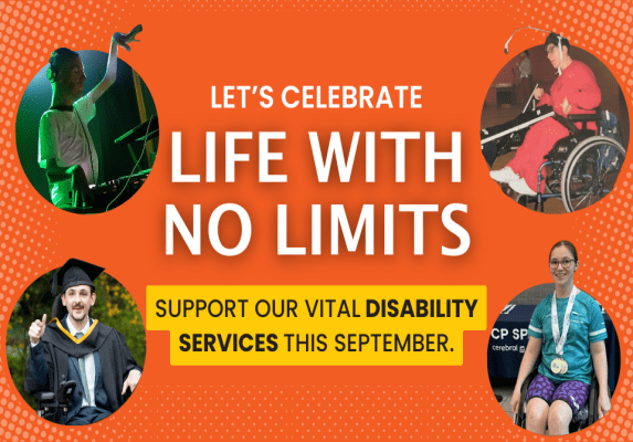 Graphic promoting Enable Ireland Life With No Limits with white text and an orange background saying "Let's Celebrate Life With No Limits" Photos around the text show a dj with his hand in the air using dj equipment, a graduate in cap and gown, an athlete using a wheelchair with medals, and another person using a wheelchair wearing boccia head gear.