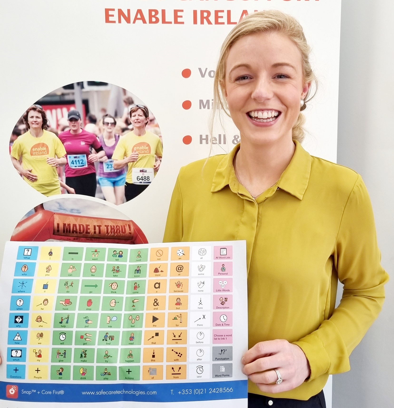 Woman holding grid communication card