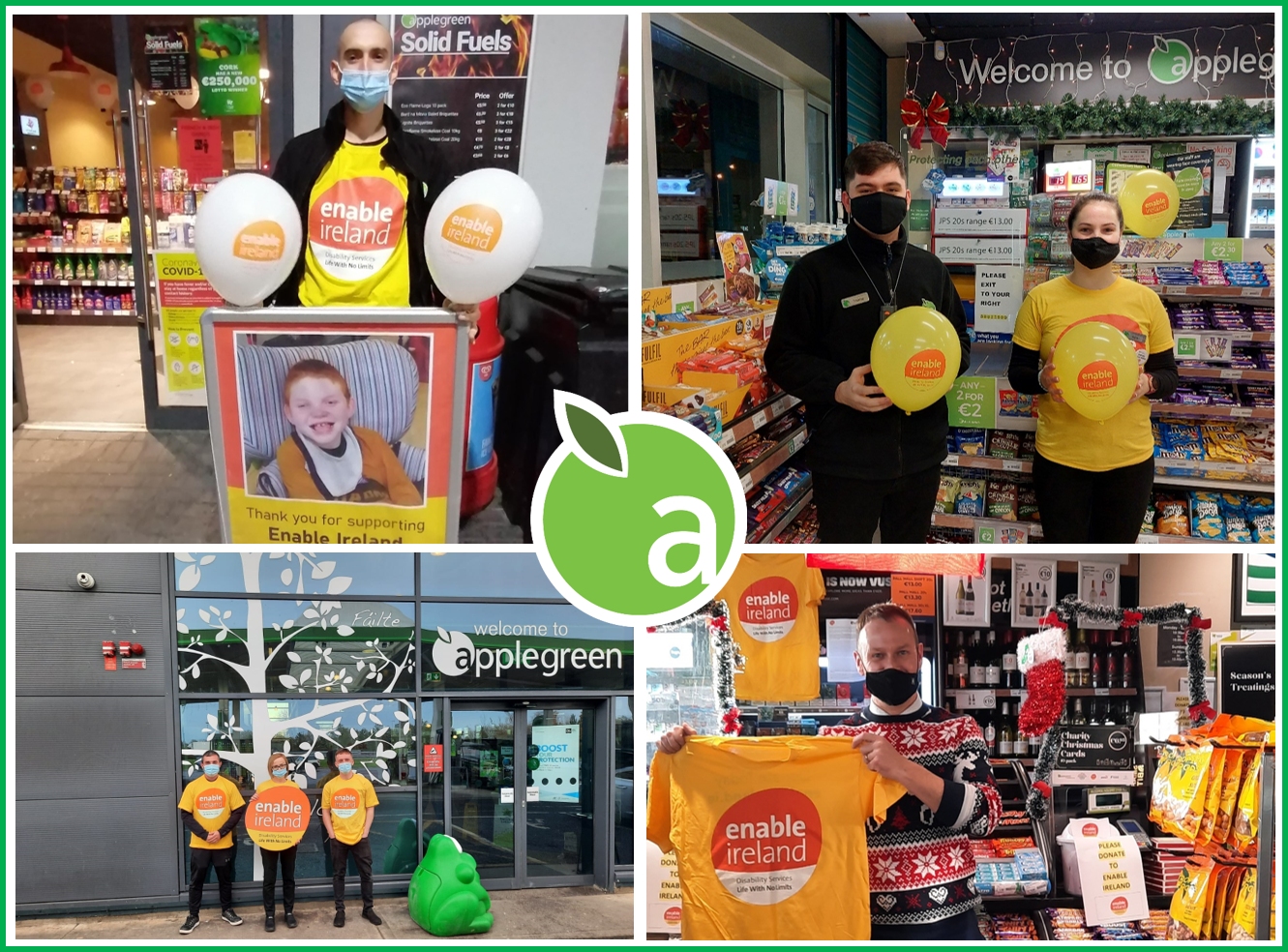 The image is a collage of 4 images taken at Applegreen stores where staff are supporting our life with no limits campaign.  