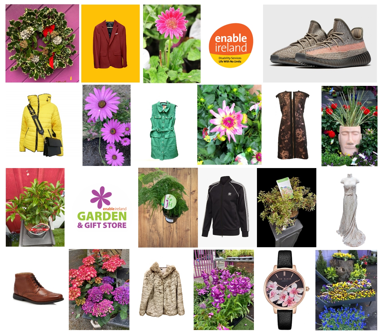 The image is a collage of various sustainable gifts available at Enable Ireland garden centre, ebay store and charity shops.