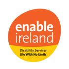 Ms. Peggy Hughes Enable Ireland orange and yellow logo with test Disability Services. Life with No Limits.